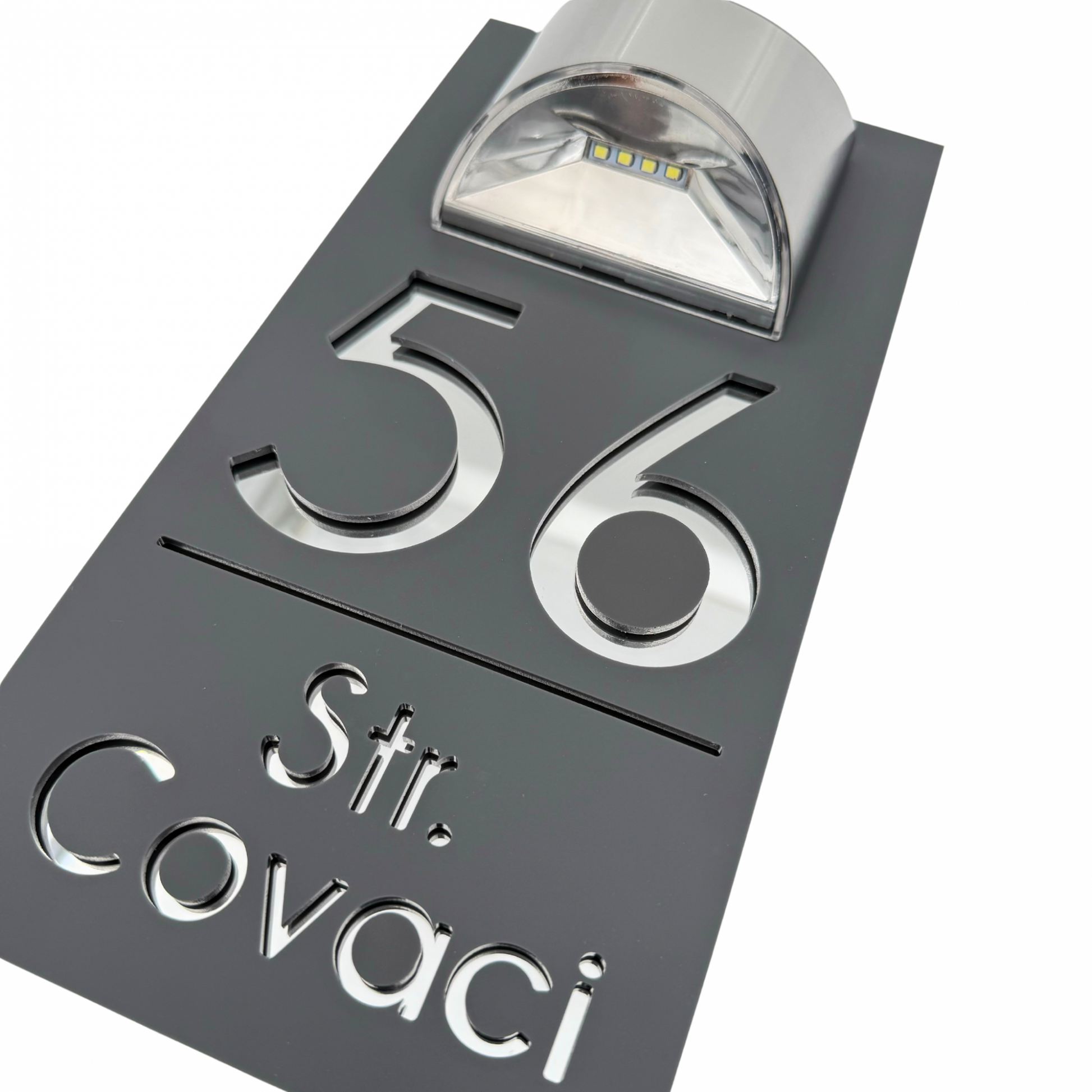 PREMIUM HOUSE NUMBER - Satin Grey Silver Mirror Lampa Solara - 30×15 cm