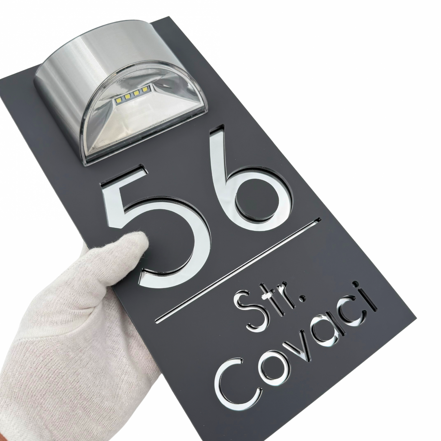 PREMIUM HOUSE NUMBER - Satin Grey Silver Mirror Lampa Solara - 30×15 cm