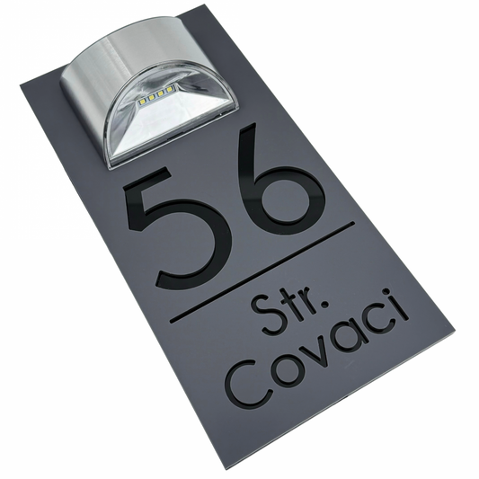 PREMIUM HOUSE NUMBER - Satin Grey Glossy Black Lampa Solara - 30×15 cm