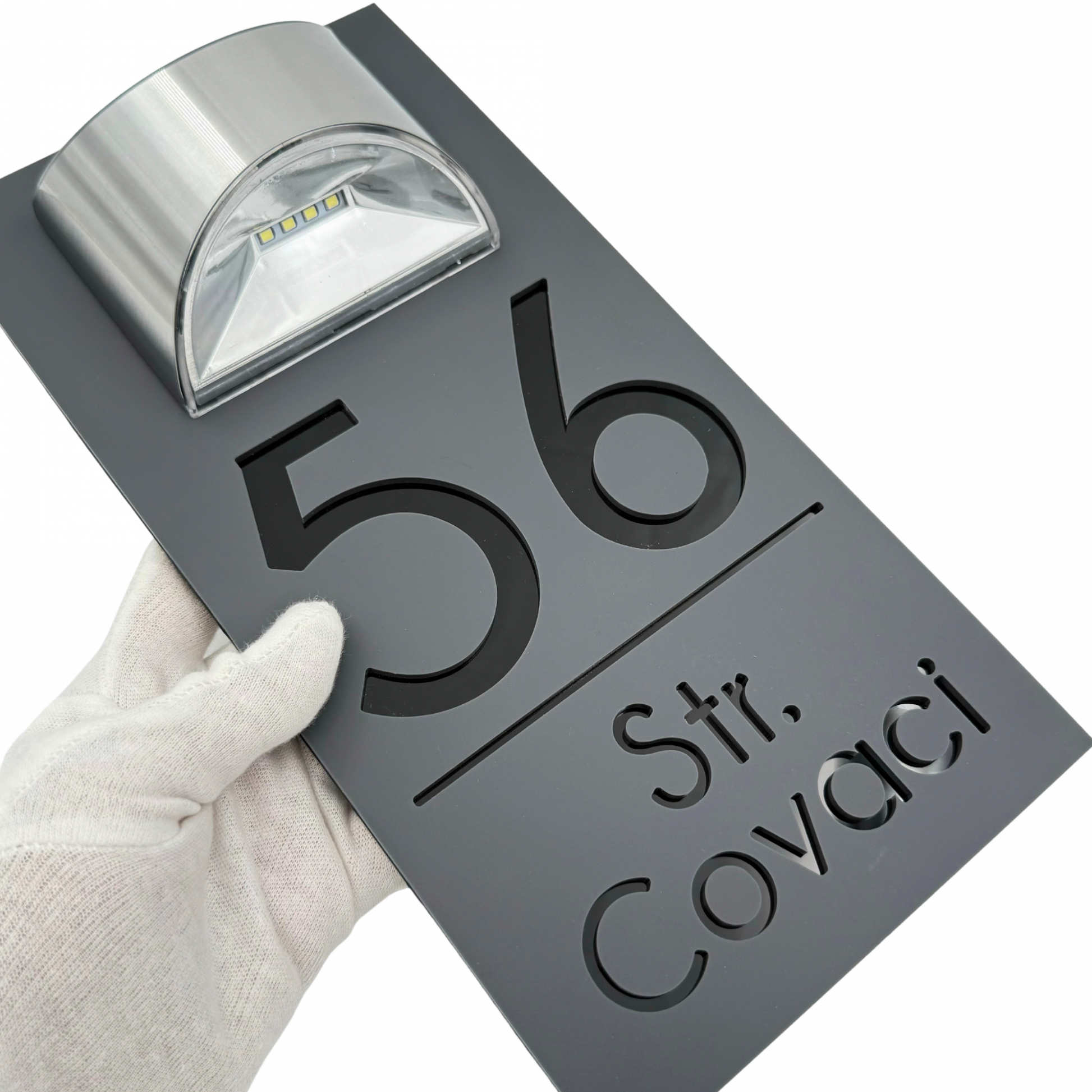 PREMIUM HOUSE NUMBER - Satin Grey Glossy Black Lampa Solara - 30×15 cm