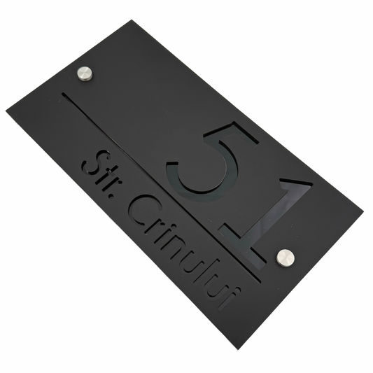 PREMIUM HOUSE NUMBER - Satin Black Glossy Black 2 Spacers Silver - 28×15 cm