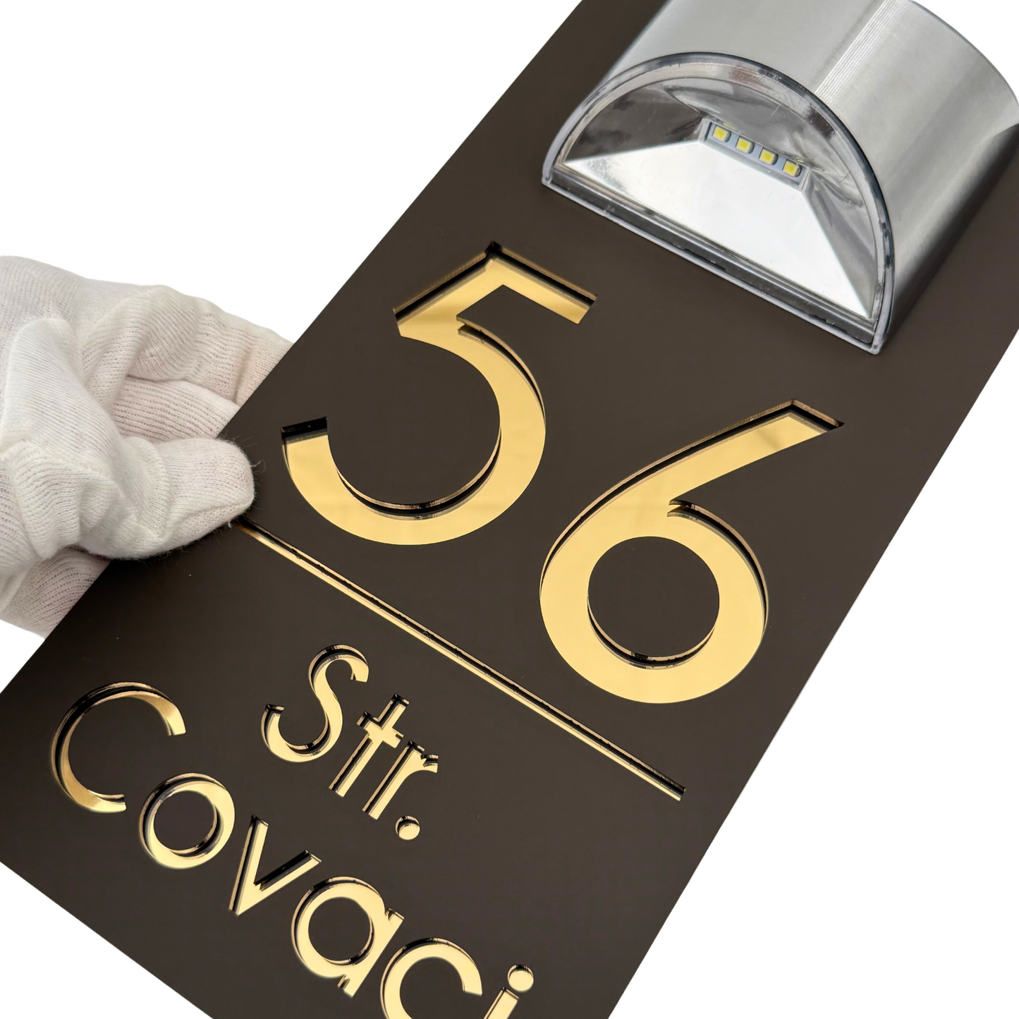 PREMIUM HOUSE NUMBER – Satin Brown Gold Mirror Solar Lamp – 30 x15 cm