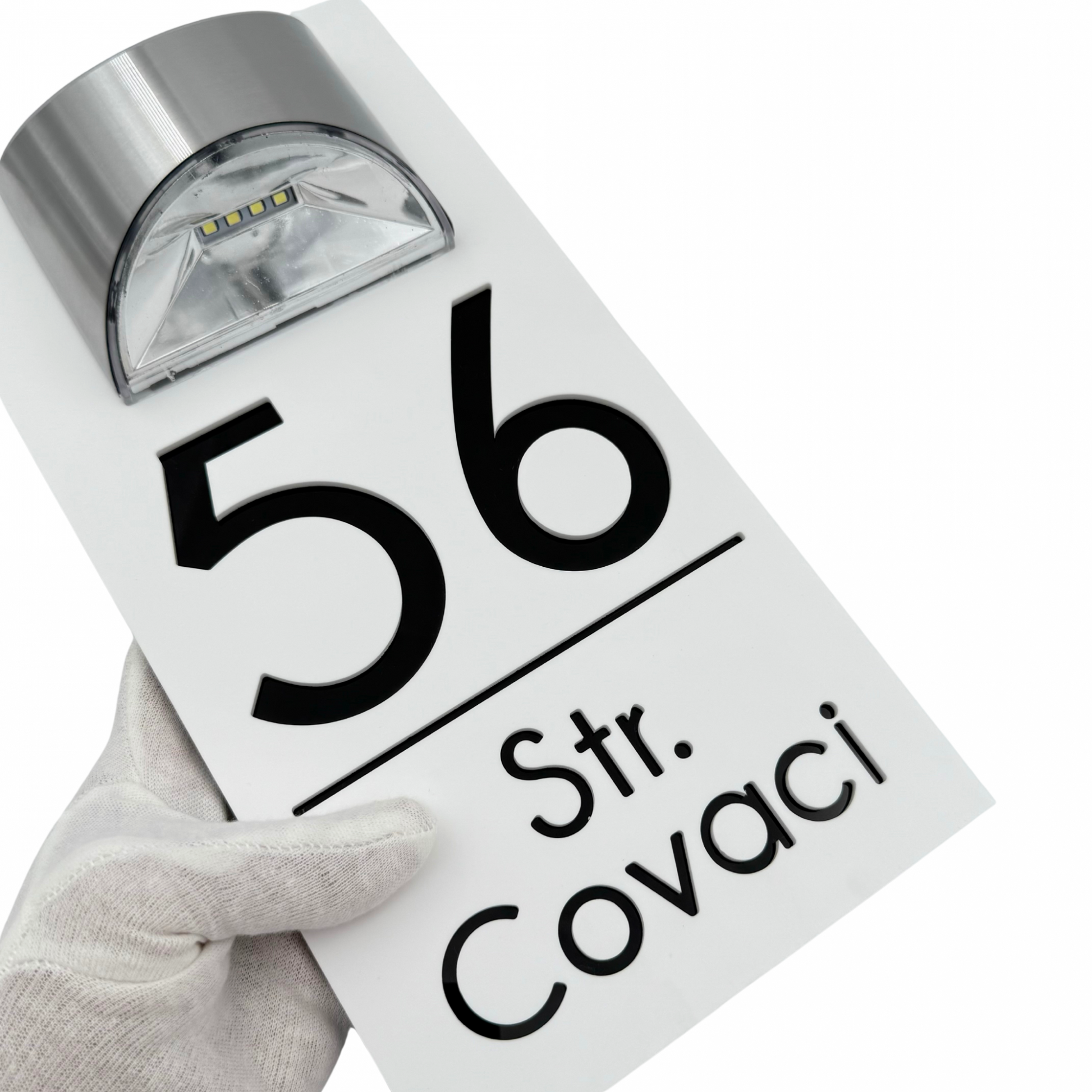 PREMIUM HOUSE NUMBER - White Satin Glossy Black Lampa Solara - 30×15 cm