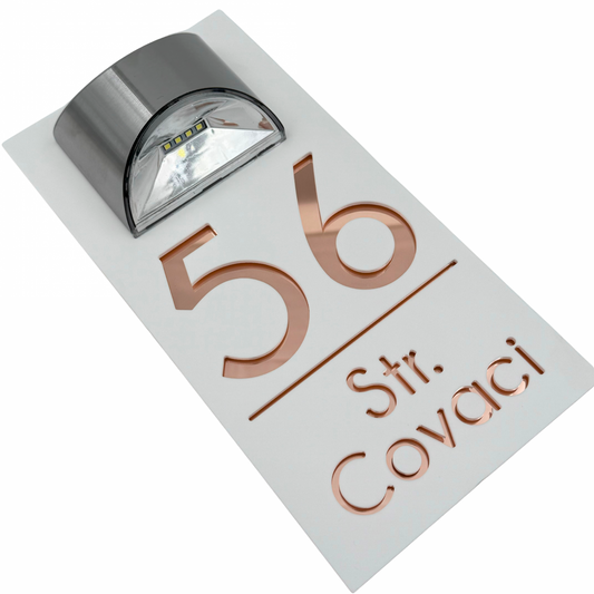 PREMIUM HOUSE NUMBER - White Satin Rose Gold Mirror Lampa Solara - 30×15 cm
