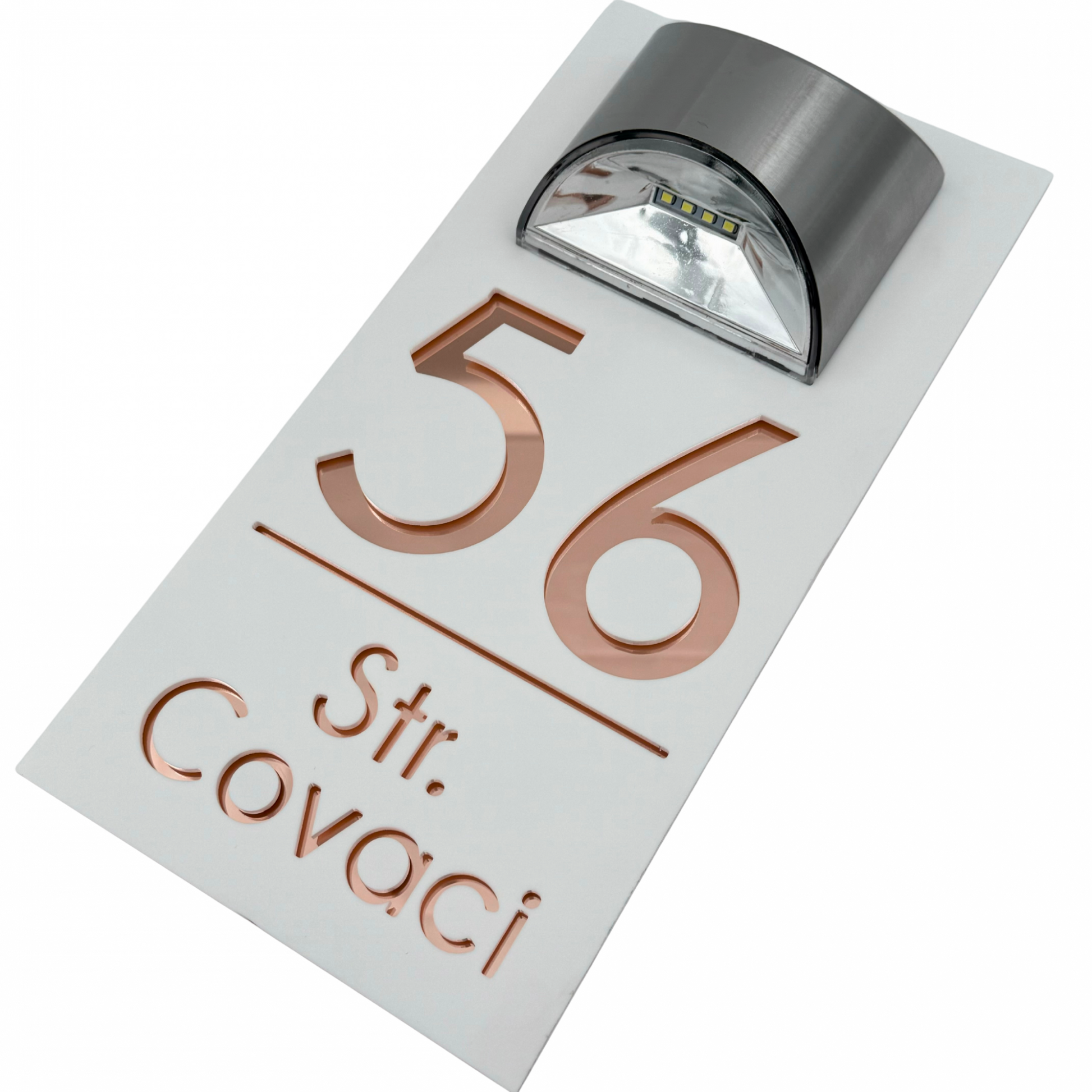 PREMIUM HOUSE NUMBER - White Satin Rose Gold Mirror Lampa Solara - 30×15 cm