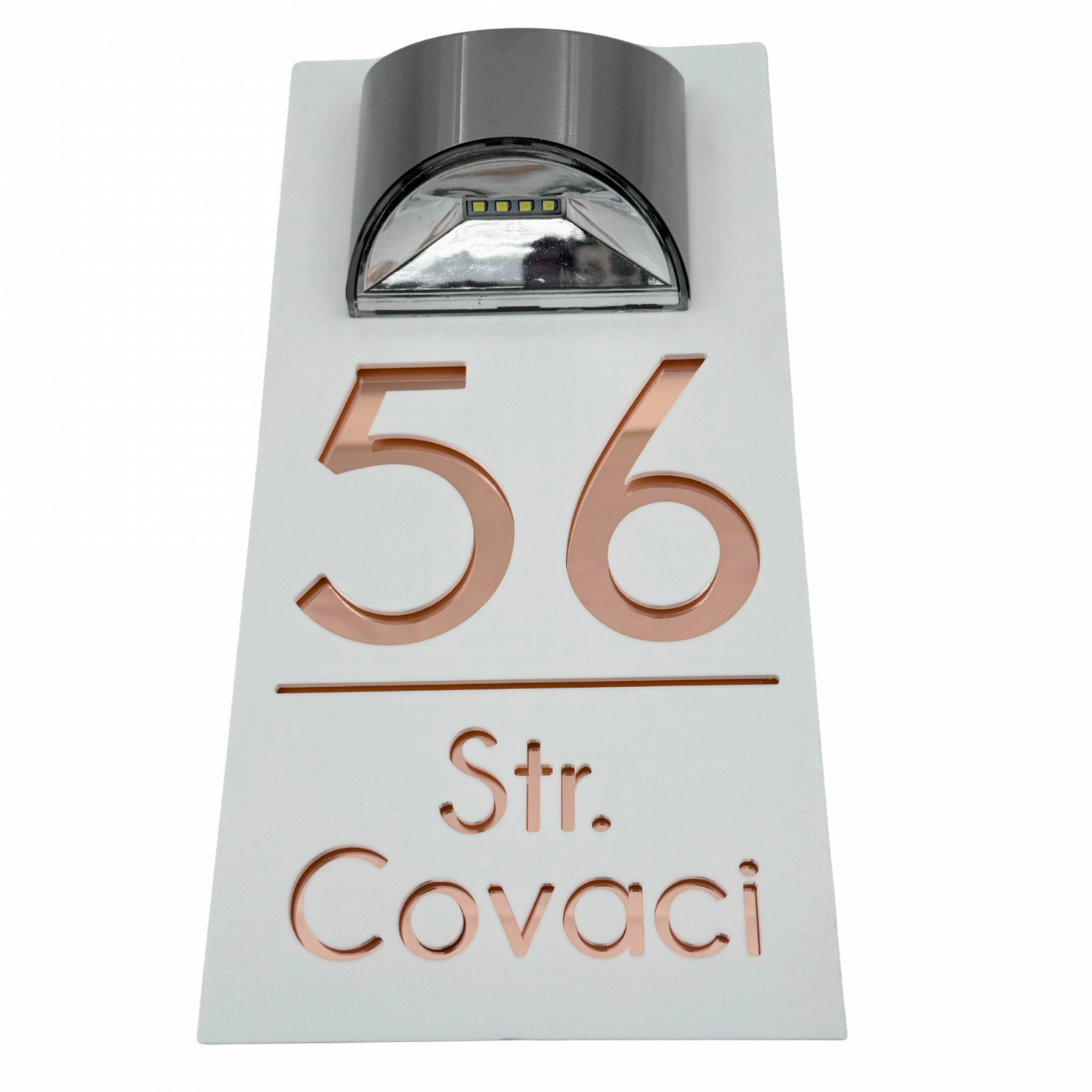 PREMIUM HOUSE NUMBER - White Satin Rose Gold Mirror Lampa Solara - 30×15 cm