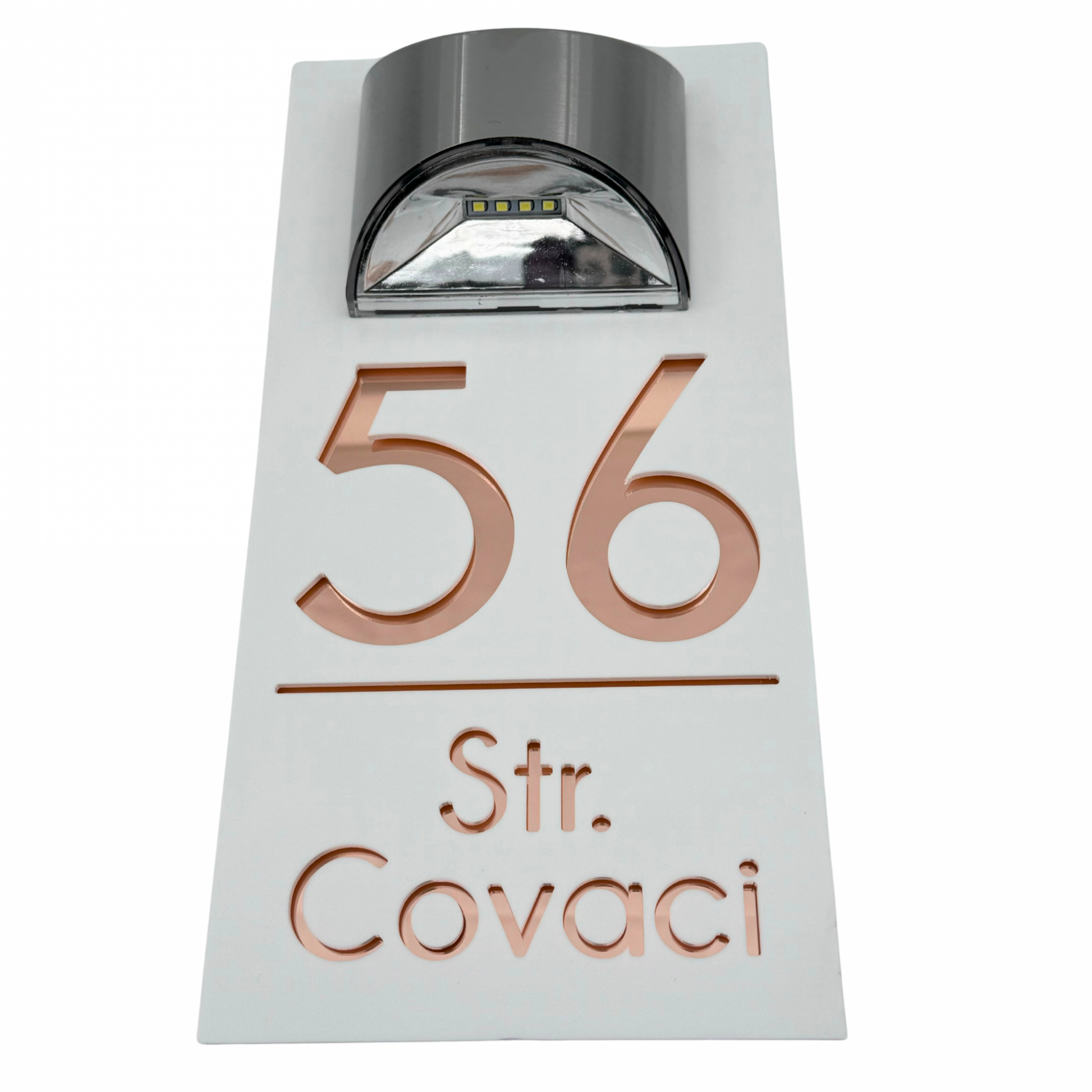 PREMIUM HOUSE NUMBER - White Satin Rose Gold Mirror Lampa Solara - 30×15 cm