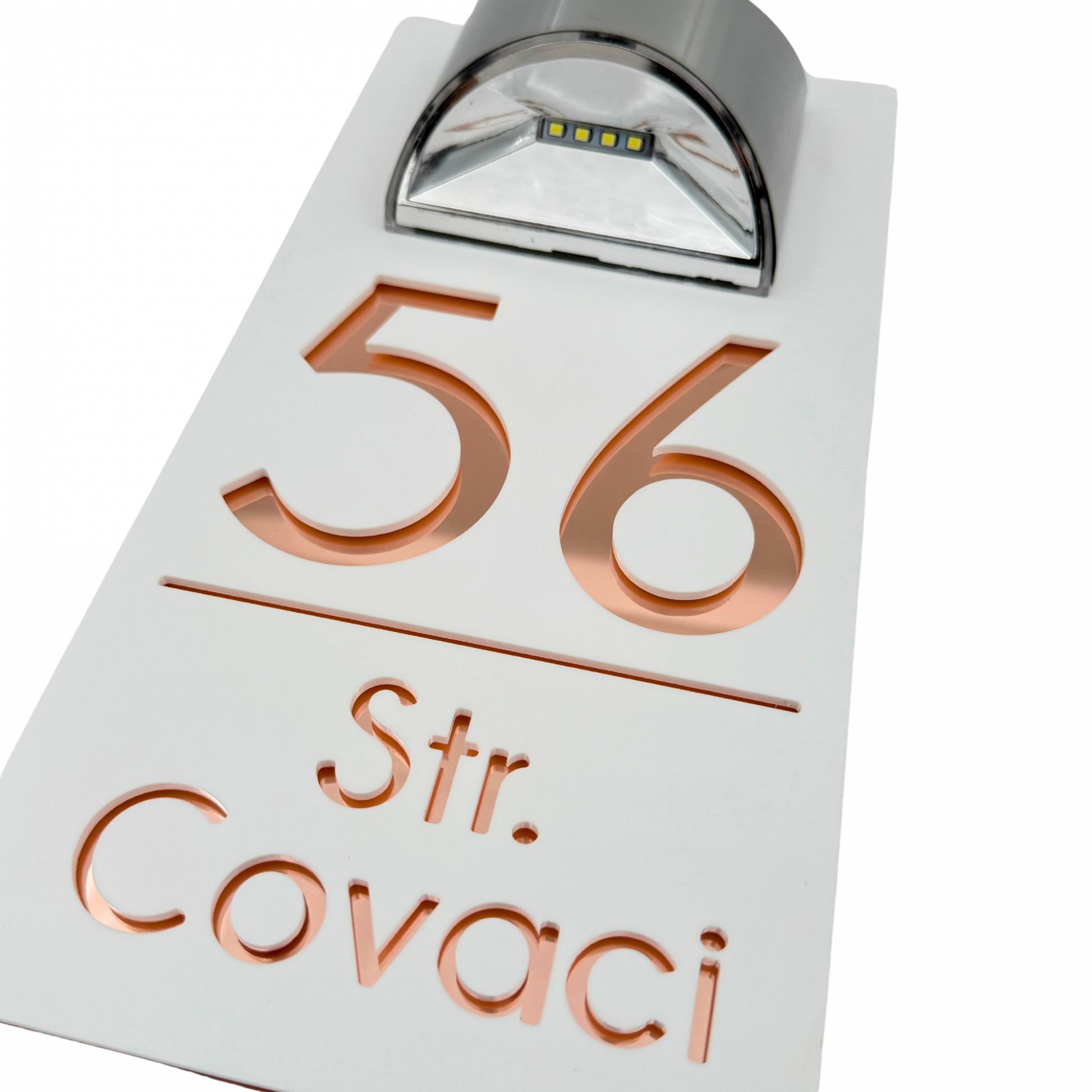 PREMIUM HOUSE NUMBER - White Satin Rose Gold Mirror Lampa Solara - 30×15 cm