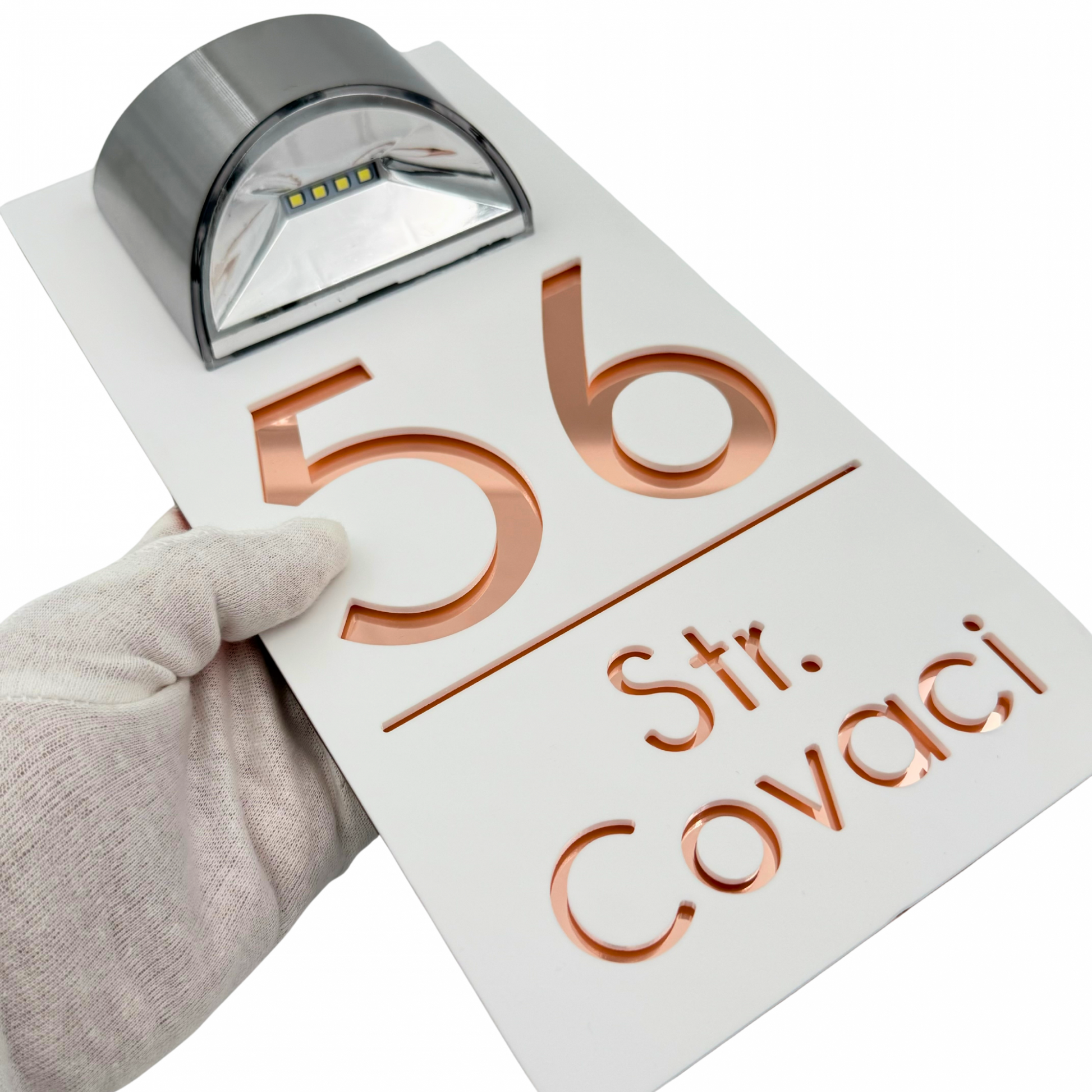 PREMIUM HOUSE NUMBER - White Satin Rose Gold Mirror Lampa Solara - 30×15 cm