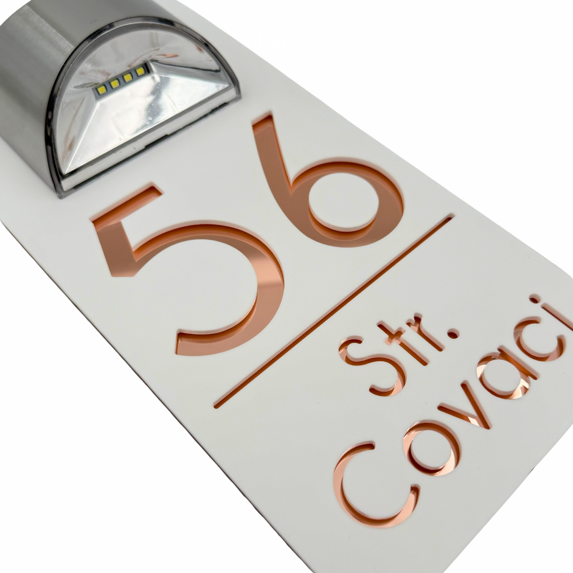 PREMIUM HOUSE NUMBER - White Satin Rose Gold Mirror Lampa Solara - 30×15 cm