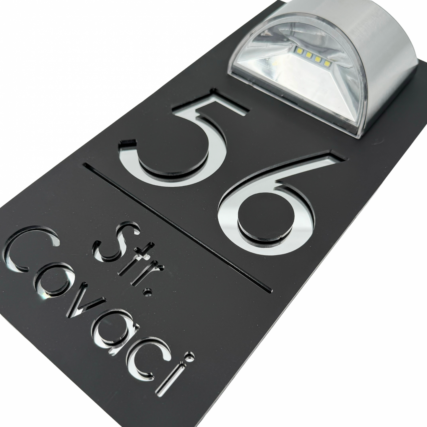 PREMIUM HOUSE NUMBER - Satin Black Silver Mirror Lampa Solara - 30×15 cm