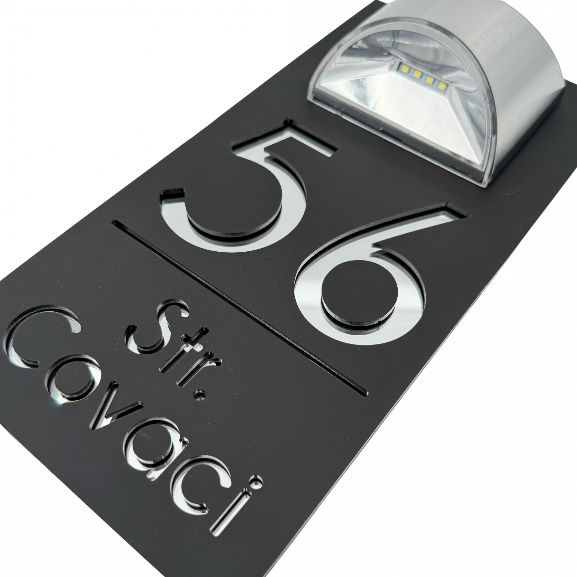 PREMIUM HOUSE NUMBER - Satin Black Silver Mirror Lampa Solara - 30×15 cm