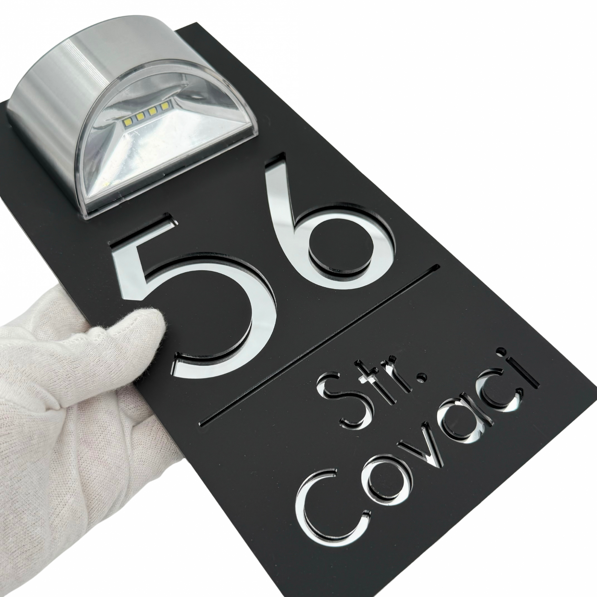 PREMIUM HOUSE NUMBER - Satin Black Silver Mirror Lampa Solara - 30×15 cm