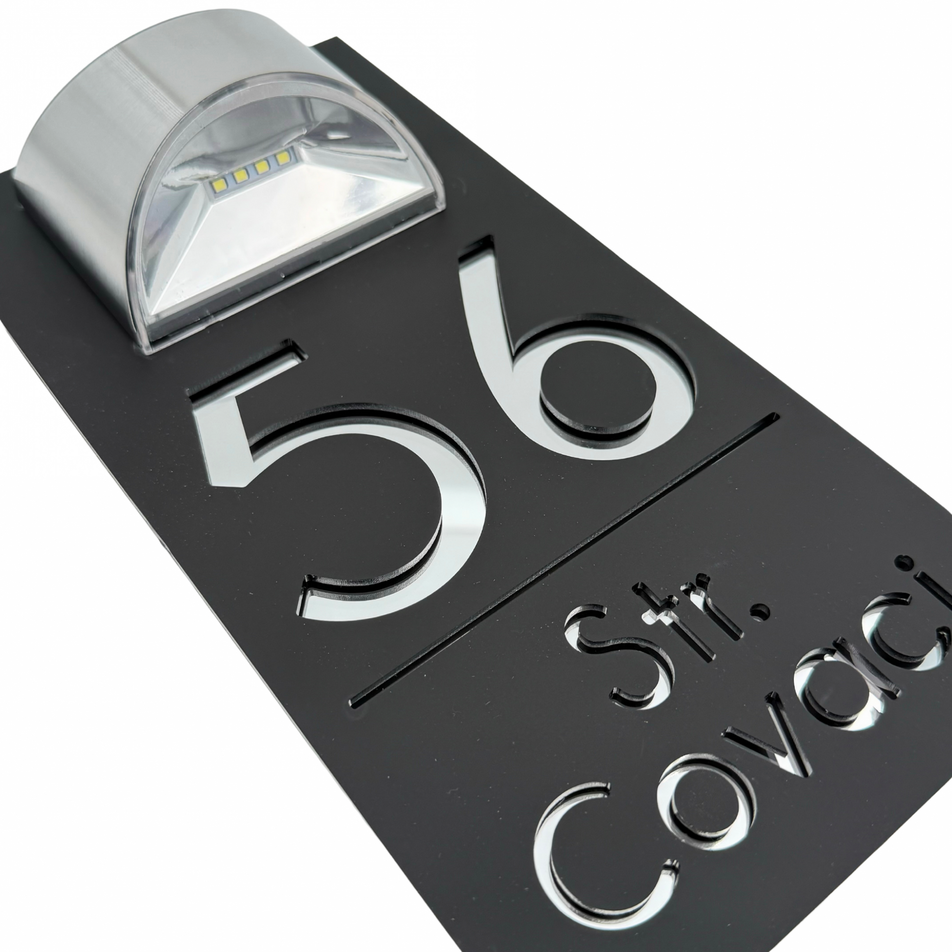 PREMIUM HOUSE NUMBER - Satin Black Silver Mirror Lampa Solara - 30×15 cm