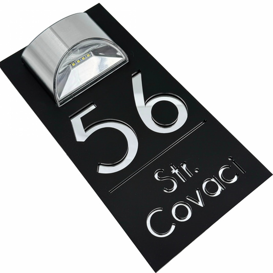 PREMIUM HOUSE NUMBER - Satin Black Silver Mirror Lampa Solara - 30×15 cm