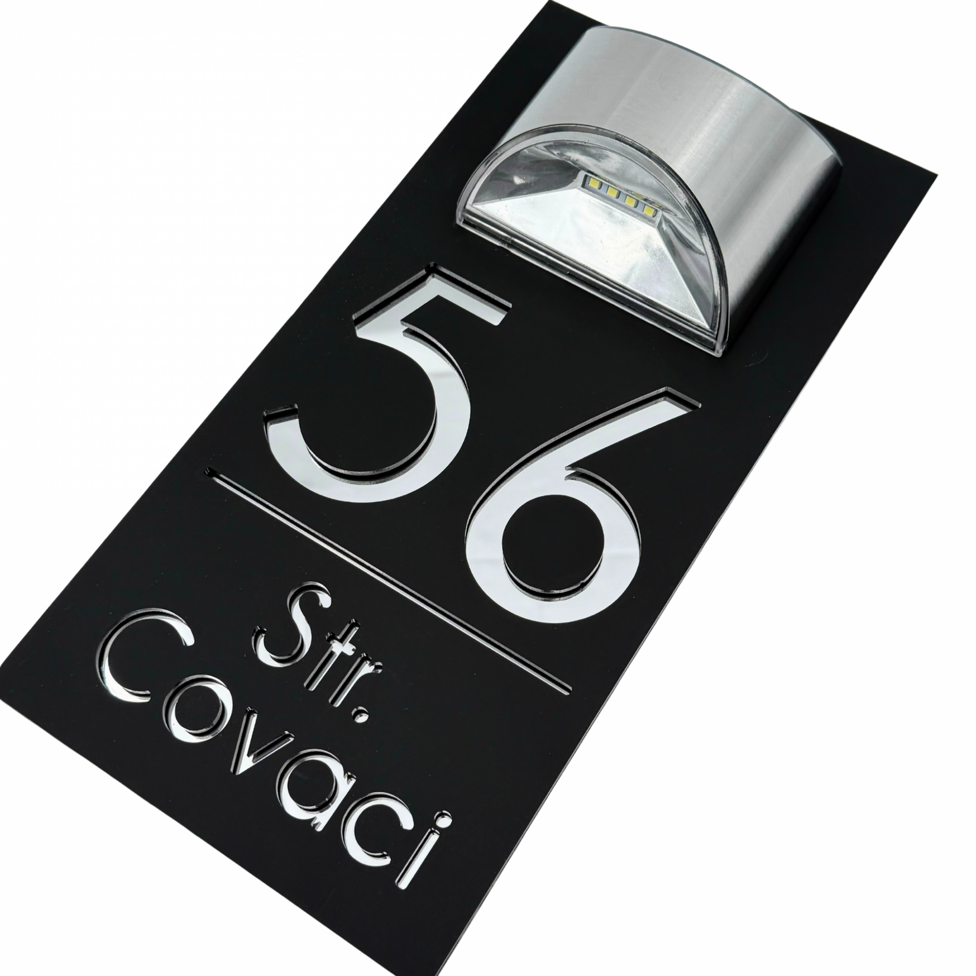 PREMIUM HOUSE NUMBER - Satin Black Silver Mirror Lampa Solara - 30×15 cm