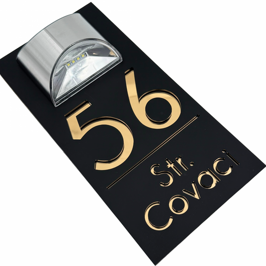 PREMIUM HOUSE NUMBER - Satin Black Gold Mirror Lampa Solara - 30×15 cm