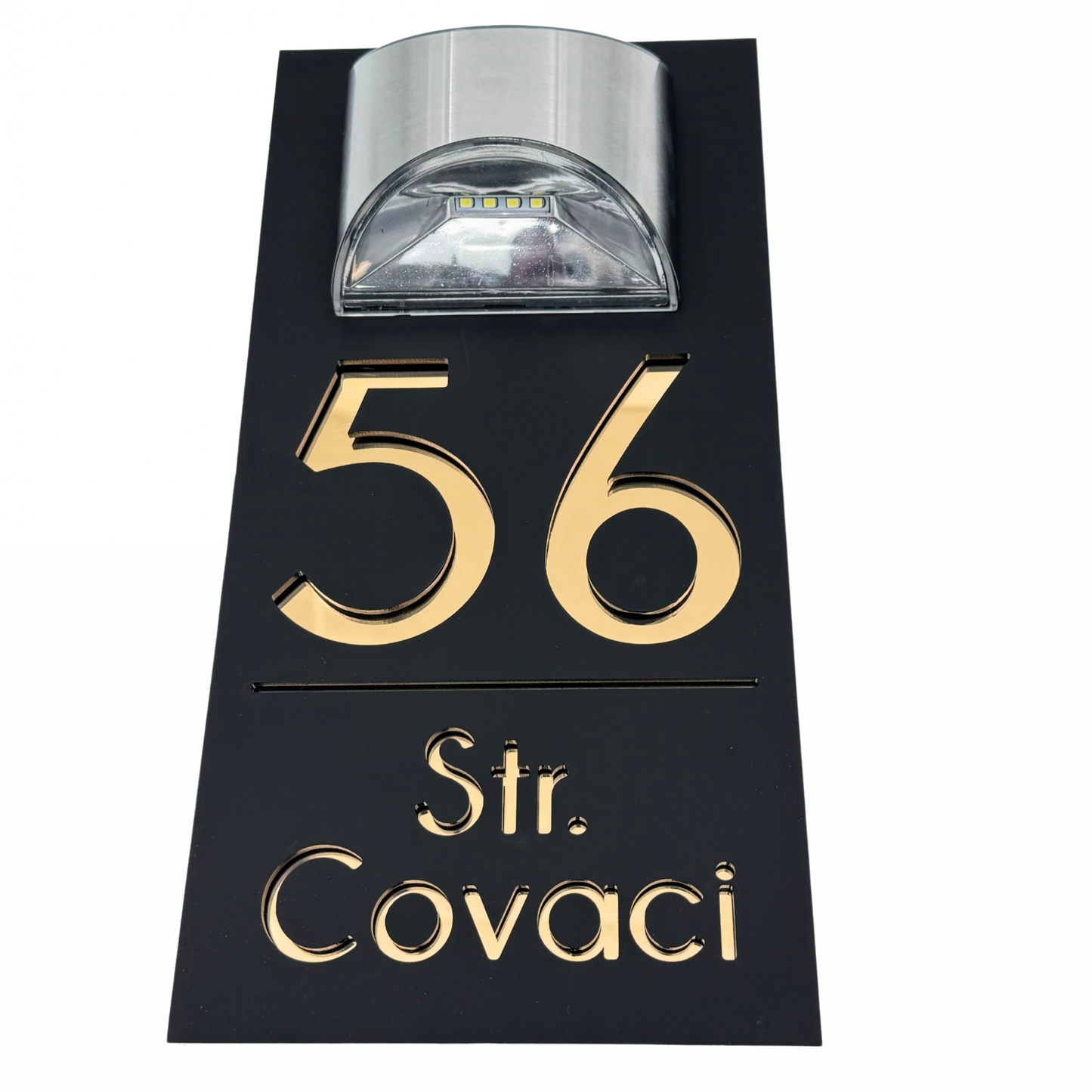 PREMIUM HOUSE NUMBER - Satin Black Gold Mirror Lampa Solara - 30×15 cm