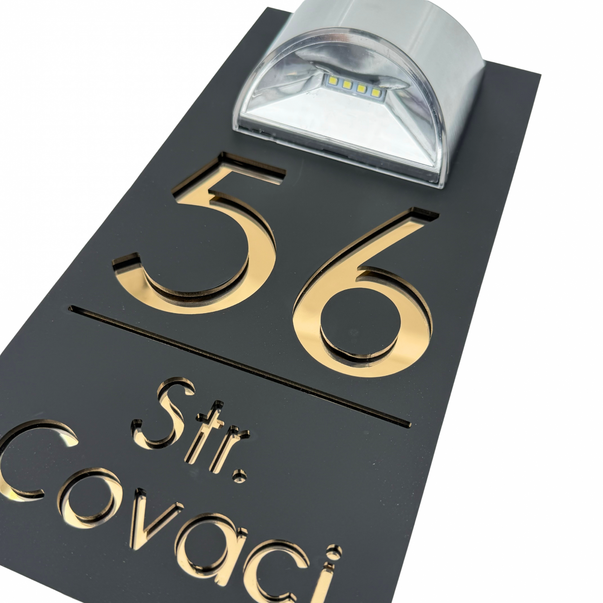 PREMIUM HOUSE NUMBER - Satin Black Gold Mirror Lampa Solara - 30×15 cm