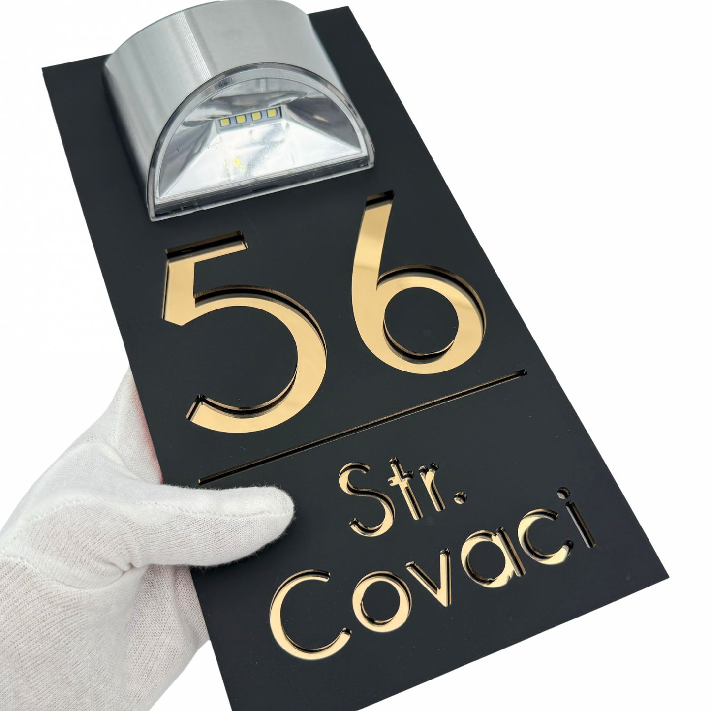 PREMIUM HOUSE NUMBER - Satin Black Gold Mirror Lampa Solara - 30×15 cm