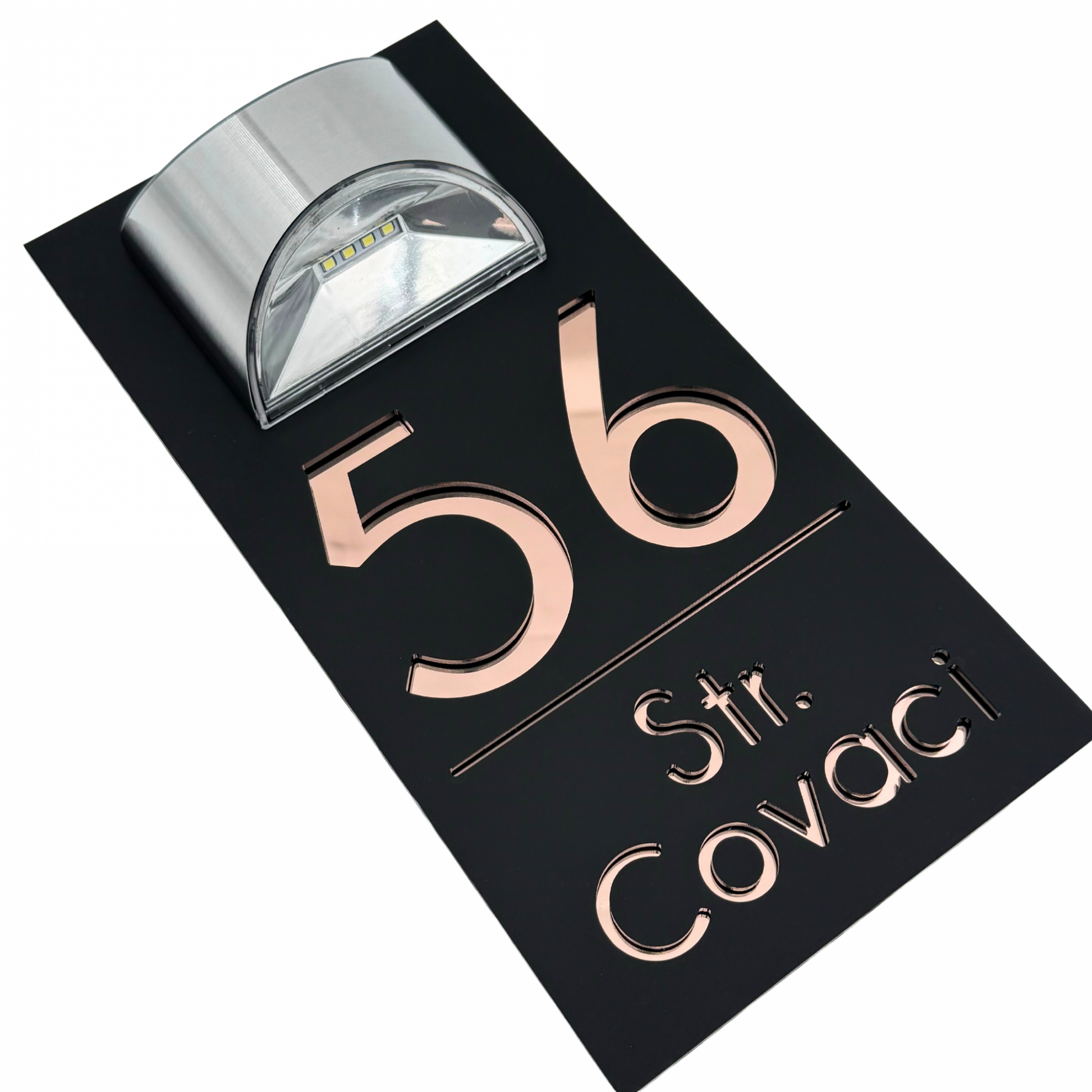 PREMIUM HOUSE NUMBER - Satin Black Rose Gold Mirror Lampa Solara - 30×15 cm