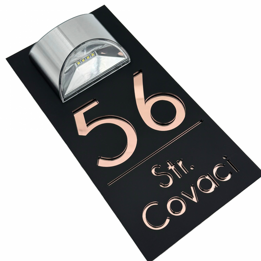 PREMIUM HOUSE NUMBER - Satin Black Rose Gold Mirror Lampa Solara - 30×15 cm
