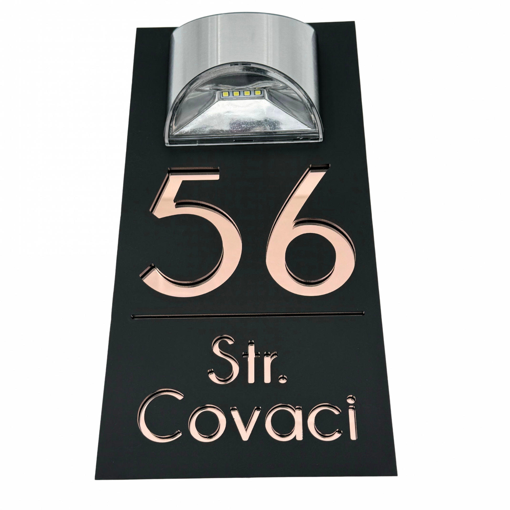 PREMIUM HOUSE NUMBER - Satin Black Rose Gold Mirror Lampa Solara - 30×15 cm
