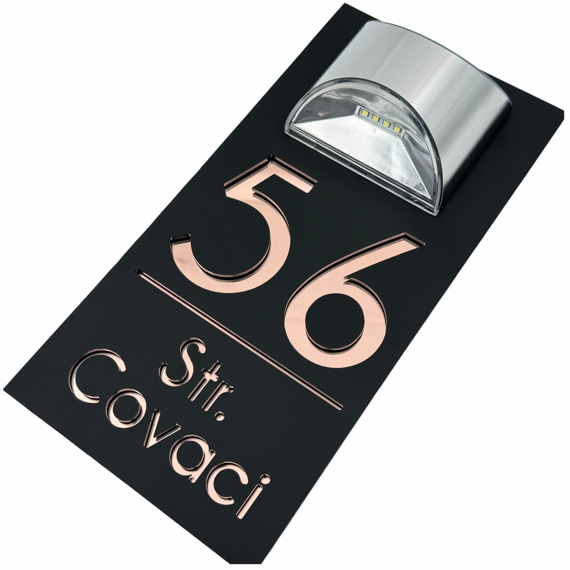 PREMIUM HOUSE NUMBER - Satin Black Rose Gold Mirror Lampa Solara - 30×15 cm