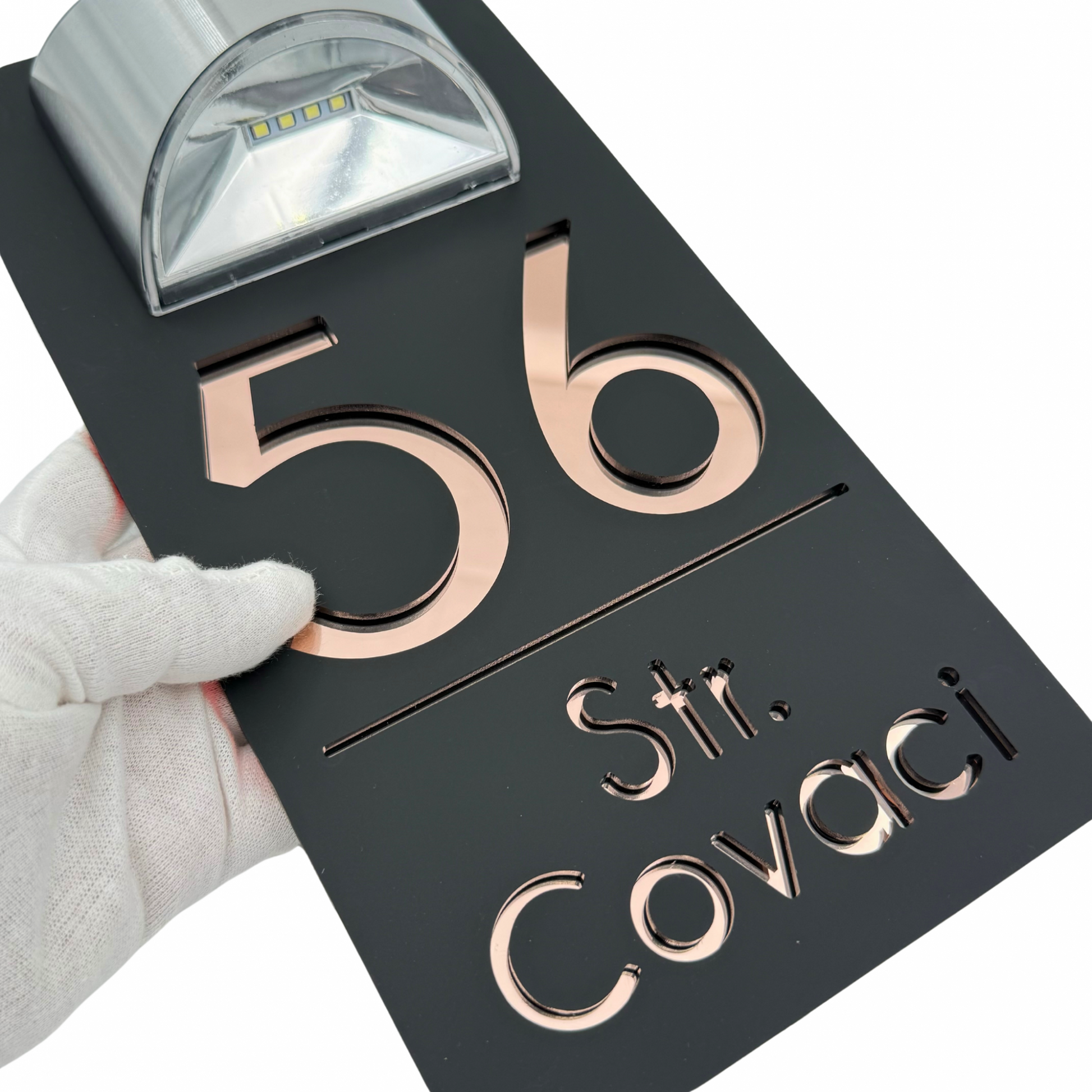 PREMIUM HOUSE NUMBER - Satin Black Rose Gold Mirror Lampa Solara - 30×15 cm