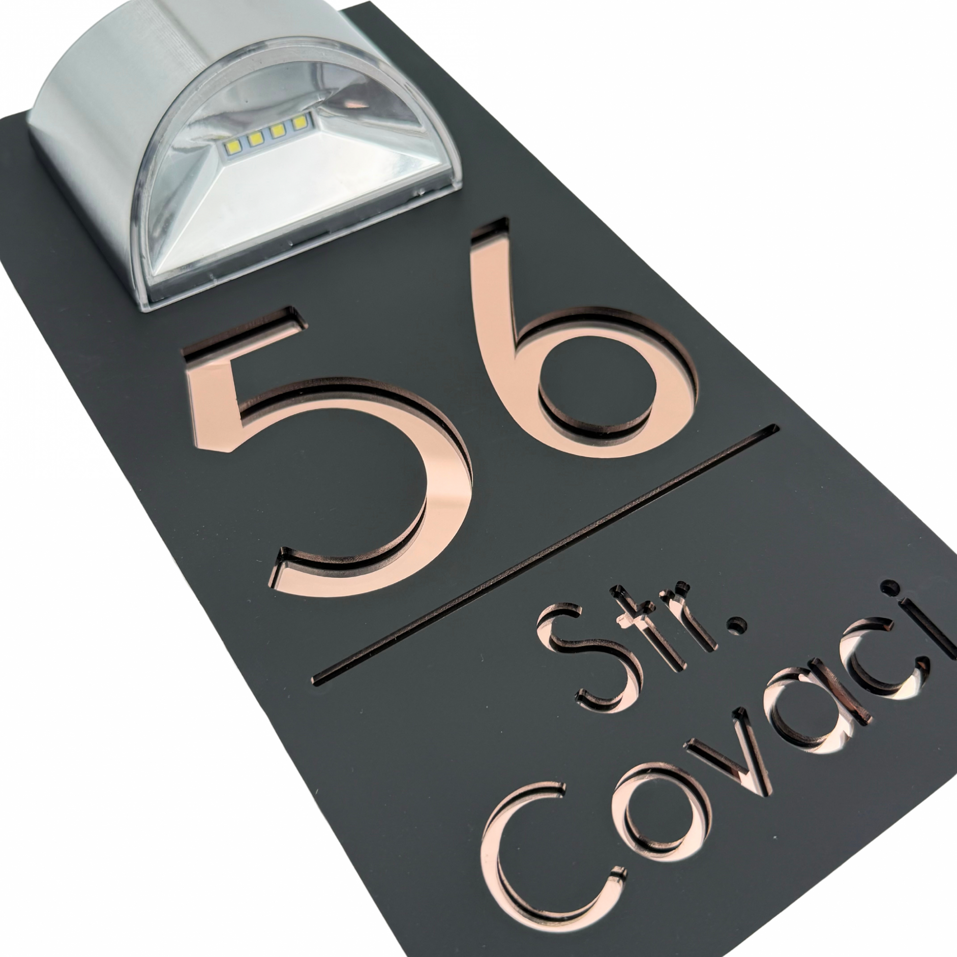 PREMIUM HOUSE NUMBER - Satin Black Rose Gold Mirror Lampa Solara - 30×15 cm