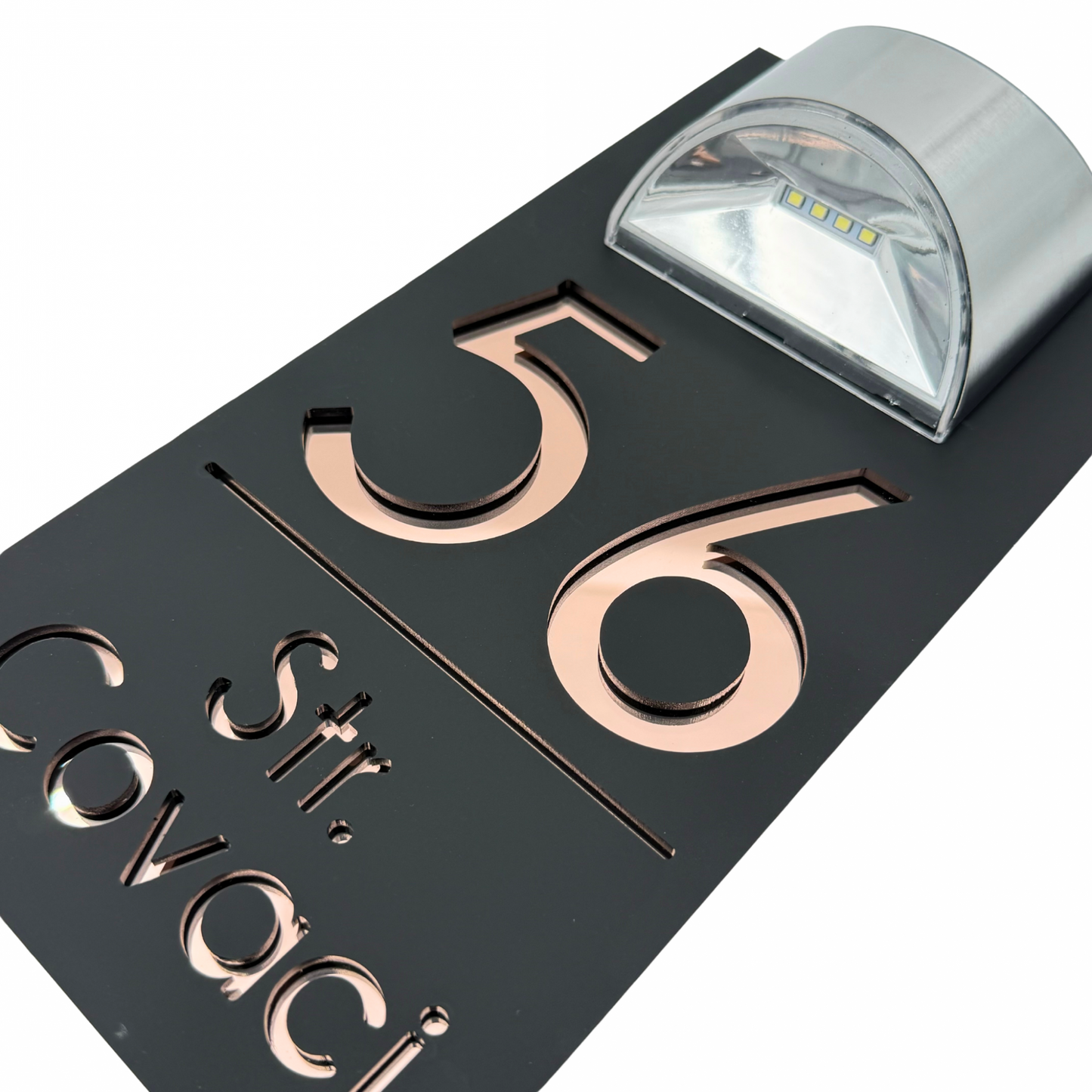 PREMIUM HOUSE NUMBER - Satin Black Rose Gold Mirror Lampa Solara - 30×15 cm