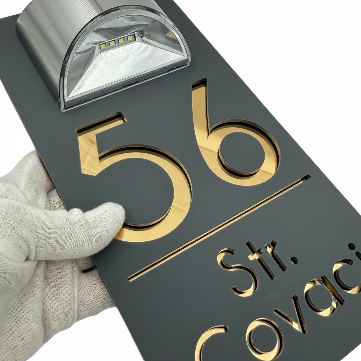 PREMIUM HOUSE NUMBER - Satin Grey Gold Mirror Lampa Solara - 30×15 cm