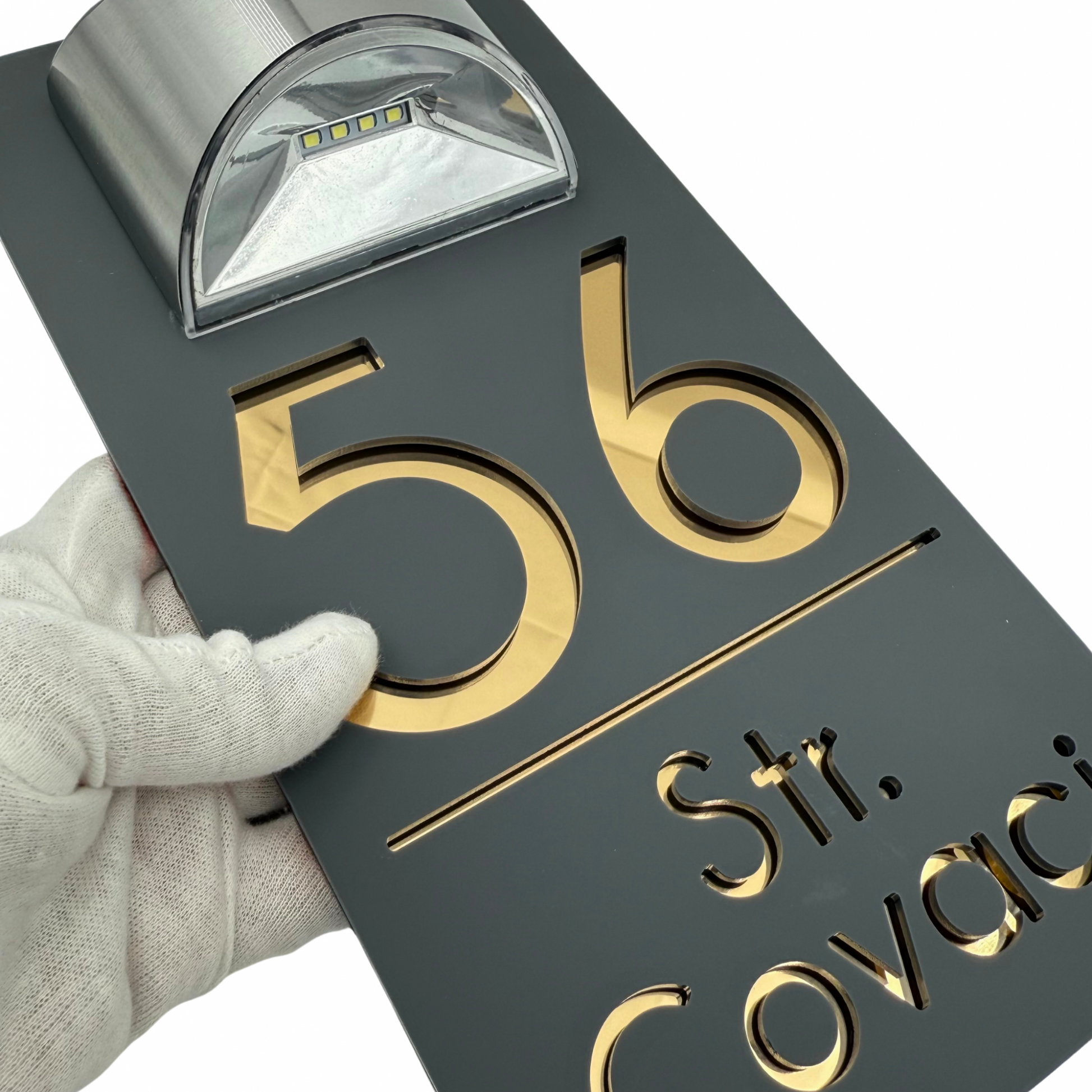 PREMIUM HOUSE NUMBER - Satin Grey Gold Mirror Lampa Solara - 30×15 cm