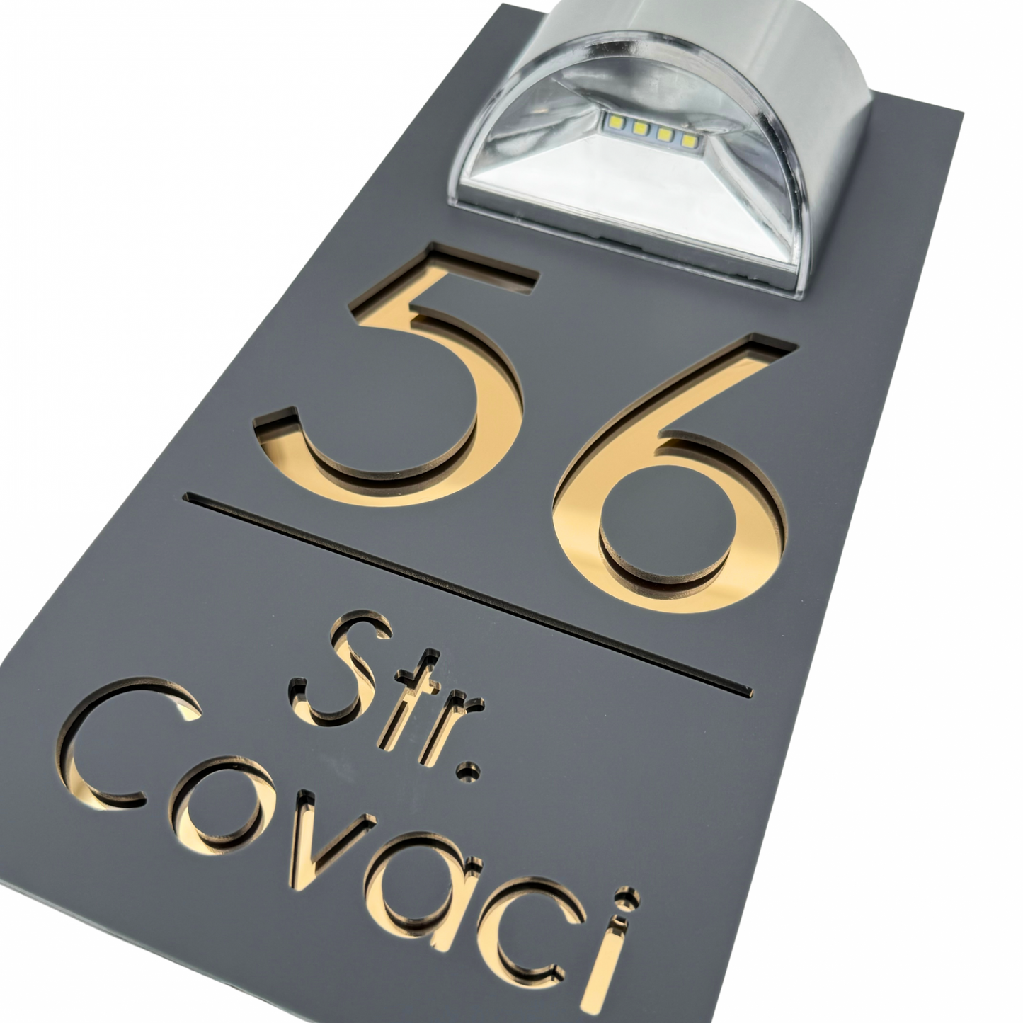 PREMIUM HOUSE NUMBER - Satin Grey Gold Mirror Lampa Solara - 30×15 cm