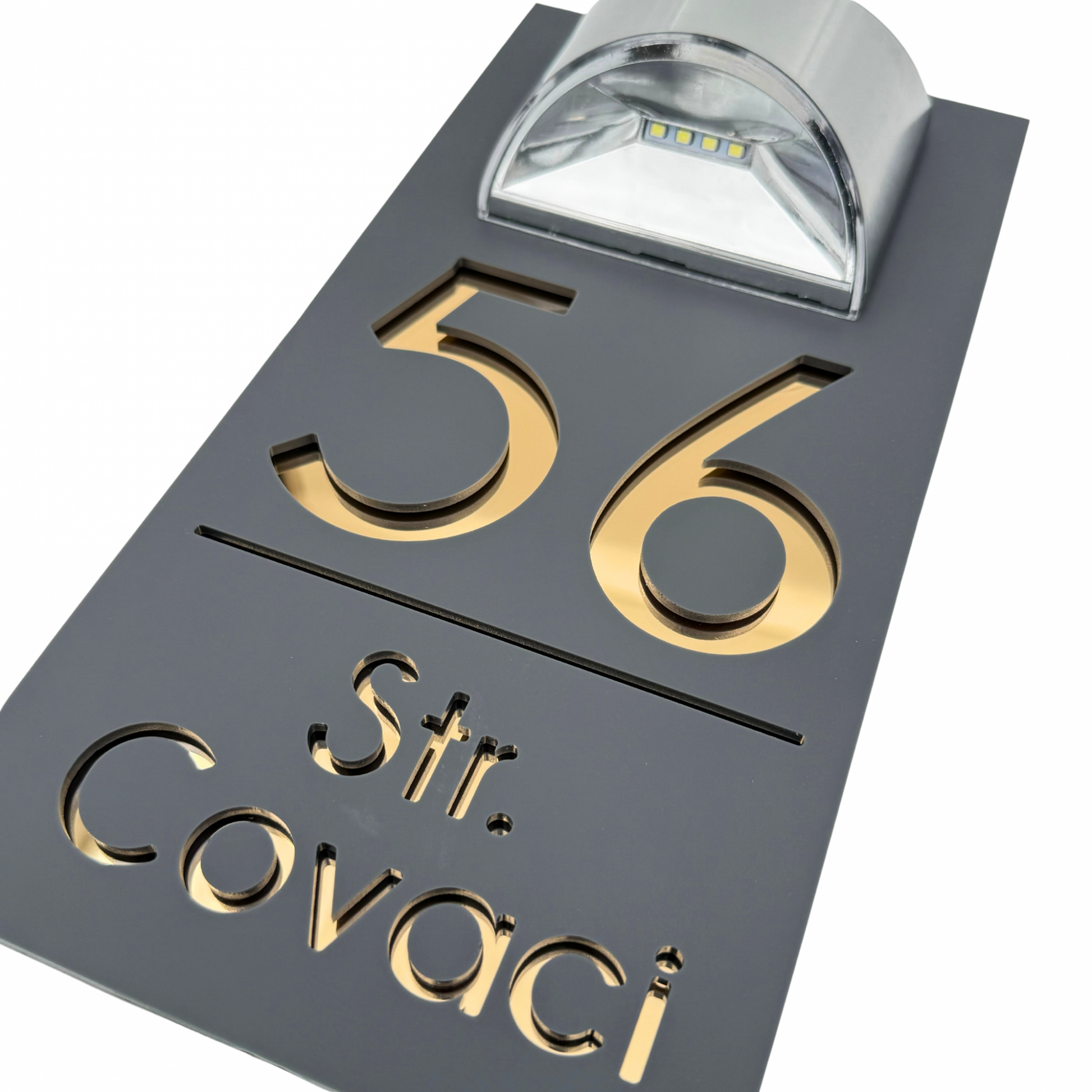PREMIUM HOUSE NUMBER - Satin Grey Gold Mirror Lampa Solara - 30×15 cm