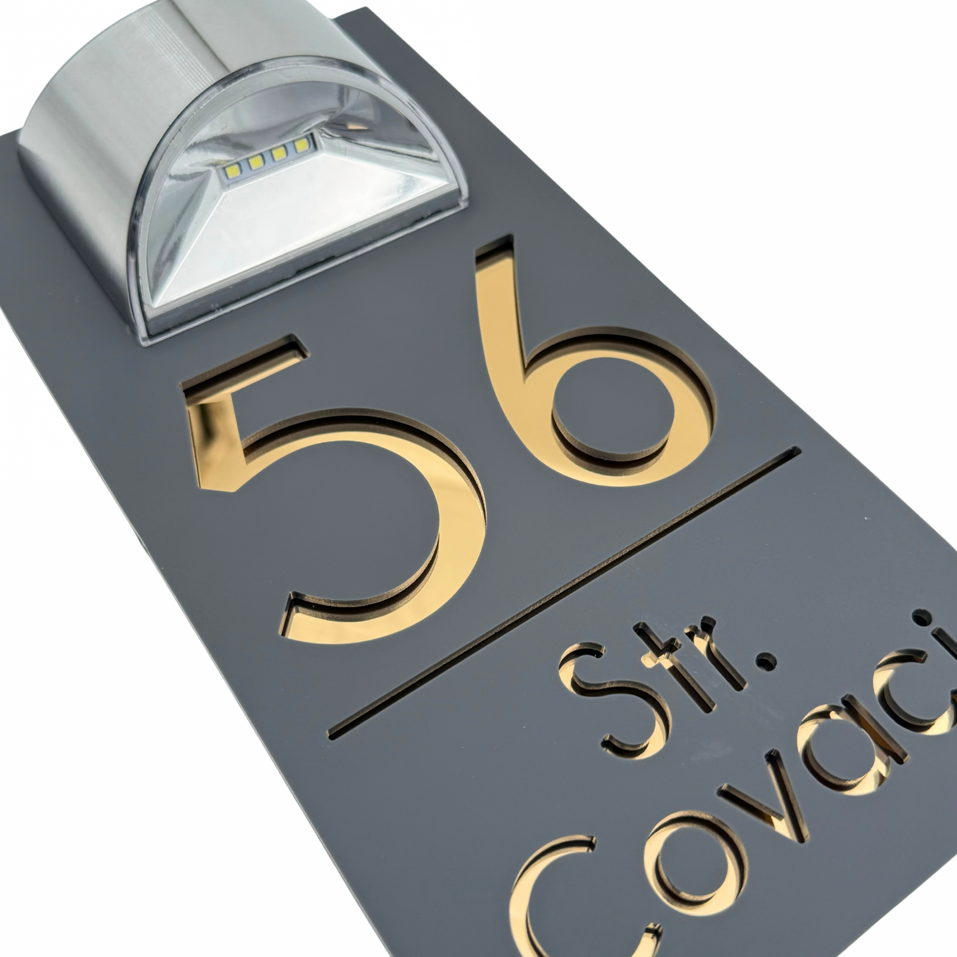 PREMIUM HOUSE NUMBER - Satin Grey Gold Mirror Lampa Solara - 30×15 cm