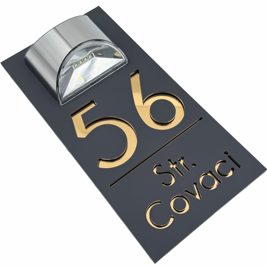 PREMIUM HOUSE NUMBER - Satin Grey Gold Mirror Lampa Solara - 30×15 cm