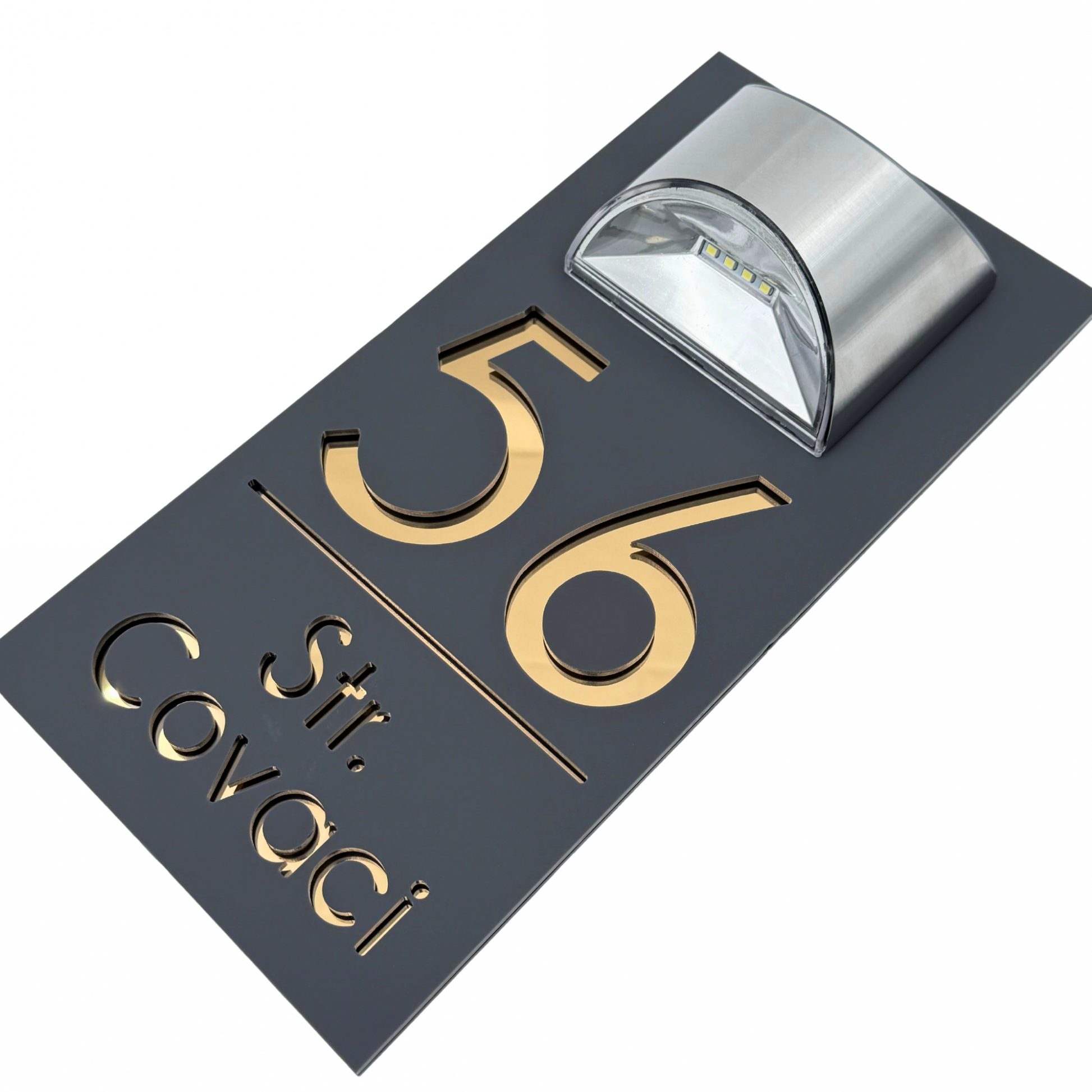 PREMIUM HOUSE NUMBER - Satin Grey Gold Mirror Lampa Solara - 30×15 cm