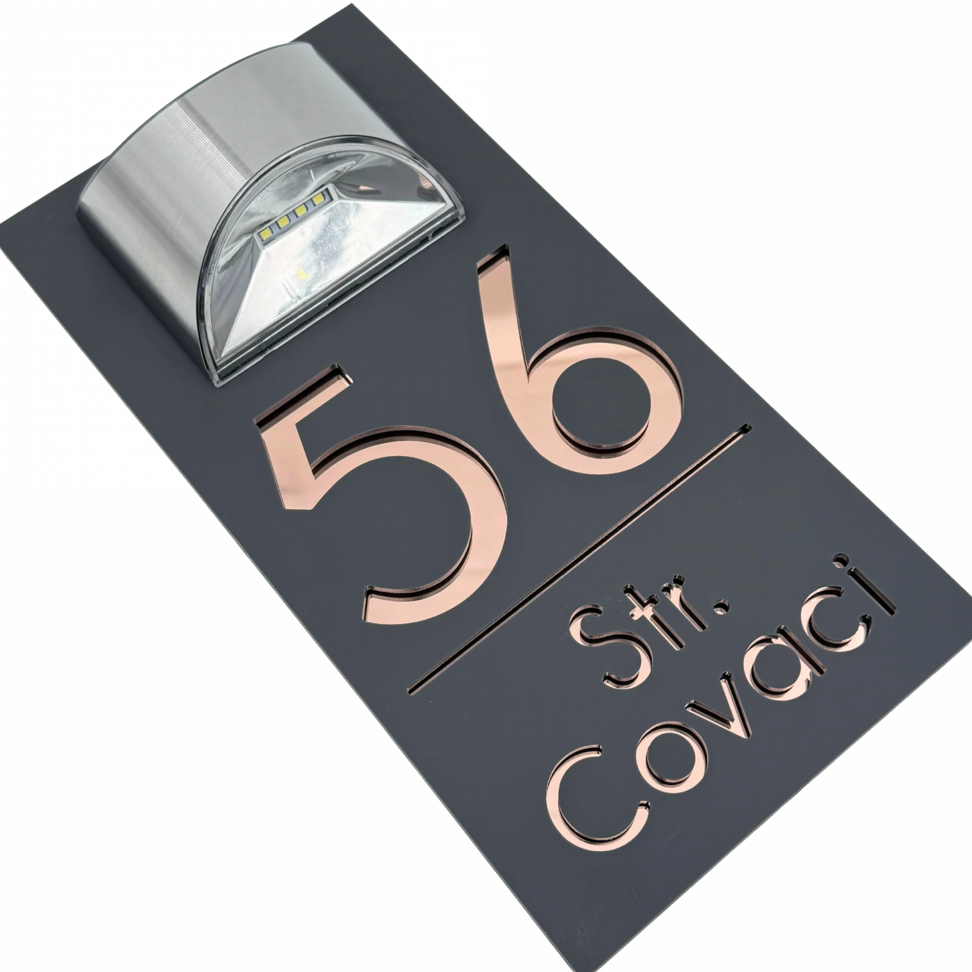 PREMIUM HOUSE NUMBER - Satin Grey Rose Gold Mirror Lampa Solara - 30×15 cm