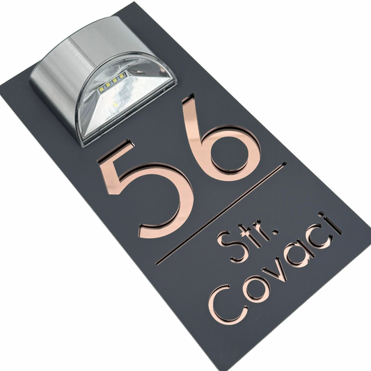 PREMIUM HOUSE NUMBER - Satin Grey Rose Gold Mirror Lampa Solara - 30×15 cm