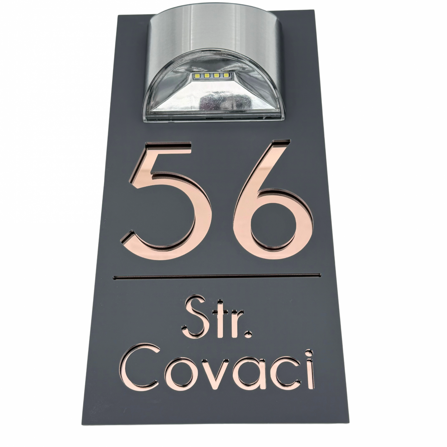 PREMIUM HOUSE NUMBER - Satin Grey Rose Gold Mirror Lampa Solara - 30×15 cm
