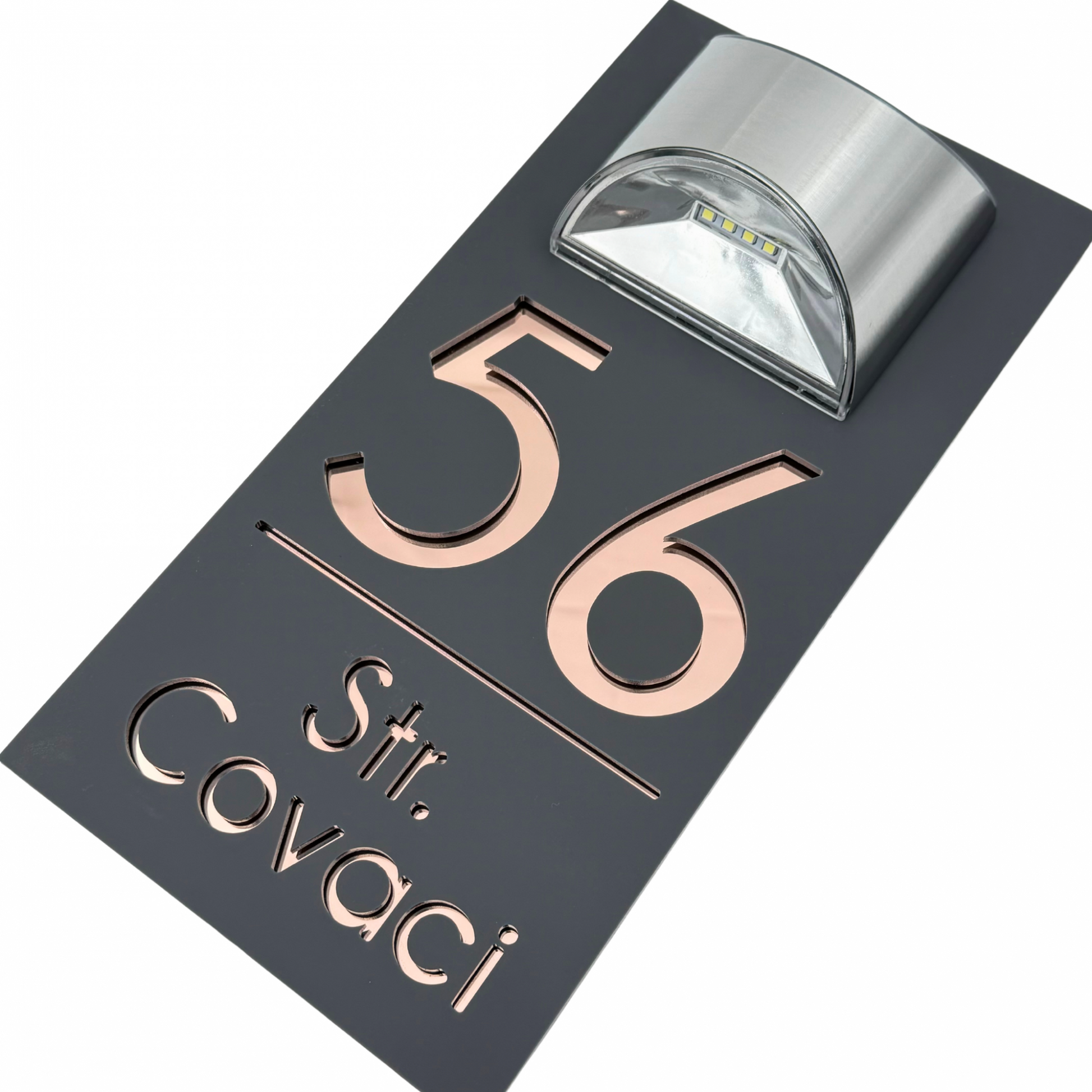 PREMIUM HOUSE NUMBER - Satin Grey Rose Gold Mirror Lampa Solara - 30×15 cm