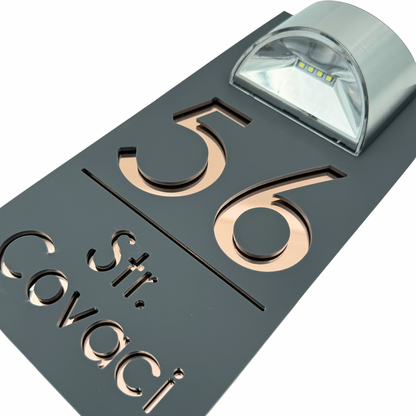 PREMIUM HOUSE NUMBER - Satin Grey Rose Gold Mirror Lampa Solara - 30×15 cm
