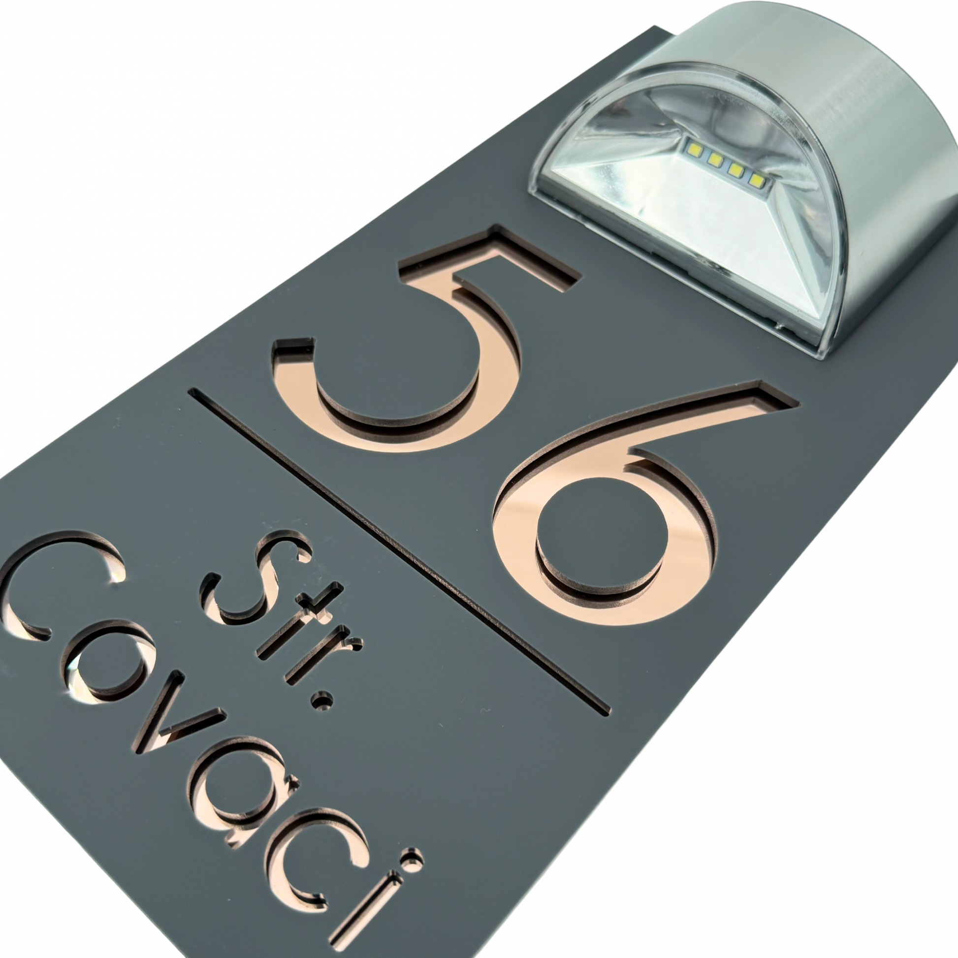 PREMIUM HOUSE NUMBER - Satin Grey Rose Gold Mirror Lampa Solara - 30×15 cm