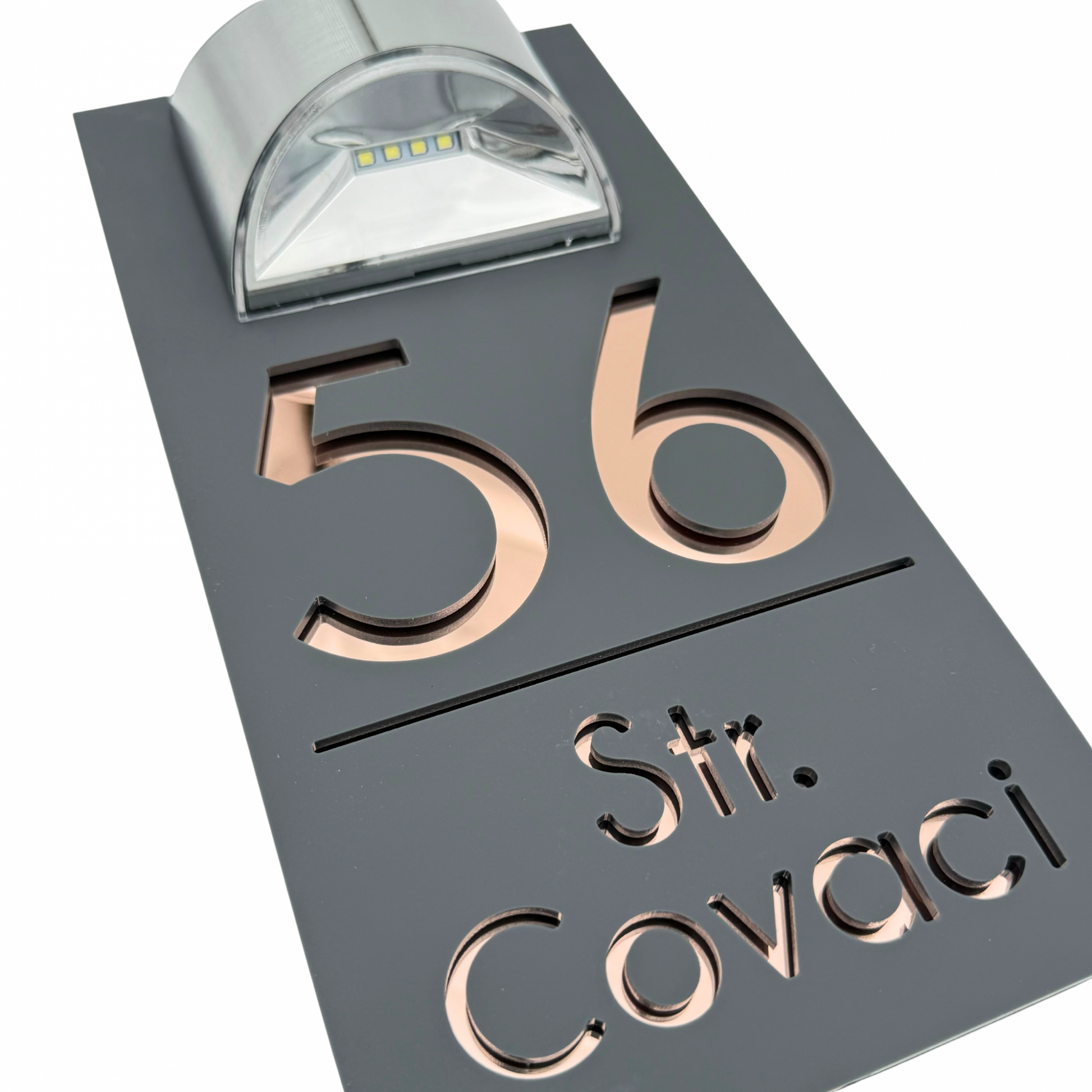 PREMIUM HOUSE NUMBER - Satin Grey Rose Gold Mirror Lampa Solara - 30×15 cm