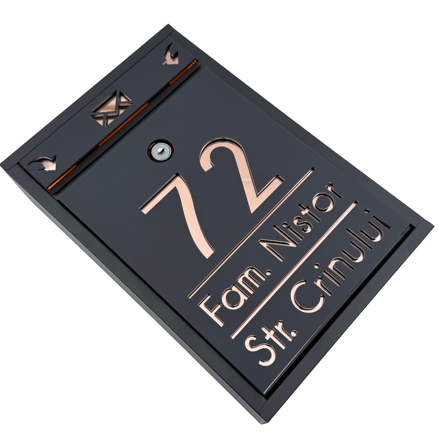 CUSTOM MAIL BOX - Satin Grey Anthracite Rose Gold Mirror - 32x22×9 cm