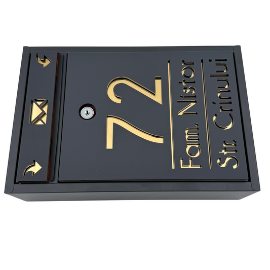 CUSTOM MAIL BOX - Satin Grey Anthracite Gold Mirror - 32x22×9 cm